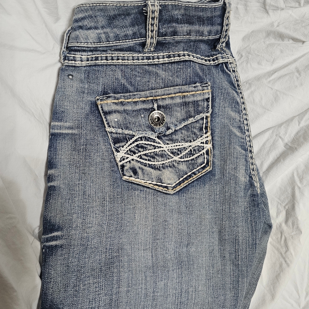 Cowgirl Tuff Saddle Ready Bootcut Jeans 25x33 Barbed Wire Faux Flap Back Pockets